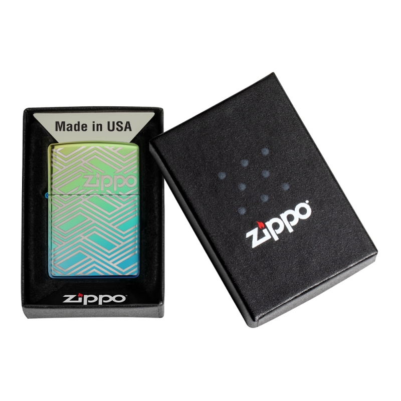 Zippo w pudełku z abstrakcyjnym designem który wyróżnia się na tle eleganckiego opakowania