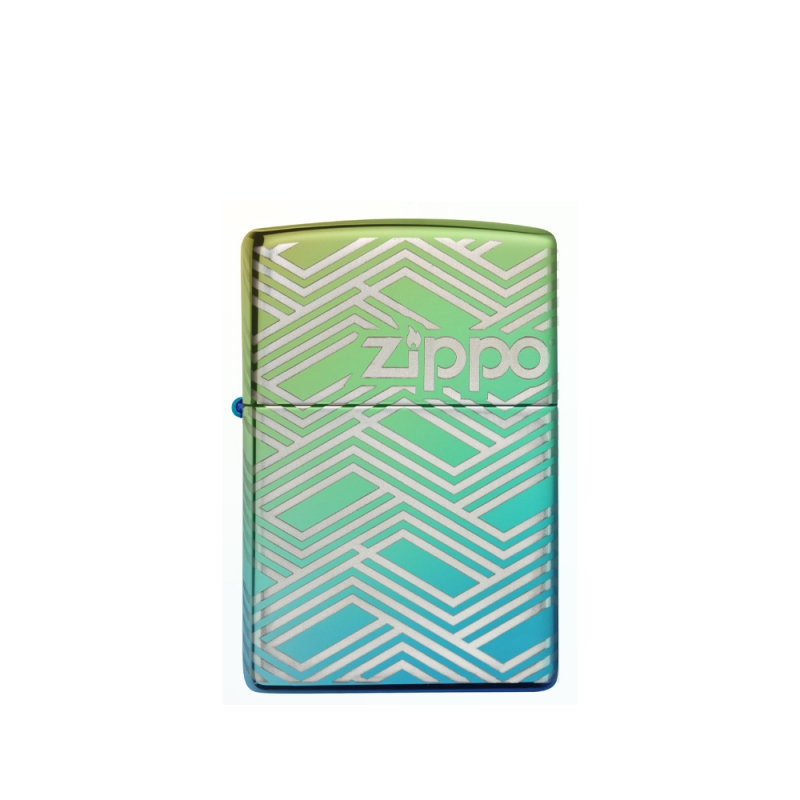 zapalniczka z metaliczną bazą i grawerowanym napisem Zippo na froncie wkomponowanym w abstrakcyjny wzór