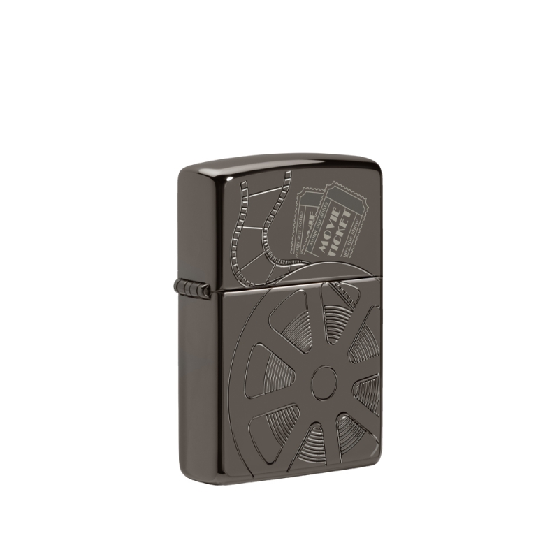 obudowa zapalniczki z głębokim połyskiem Black Ice i artystycznym motywem klasycznej taśmy filmowej na froncie