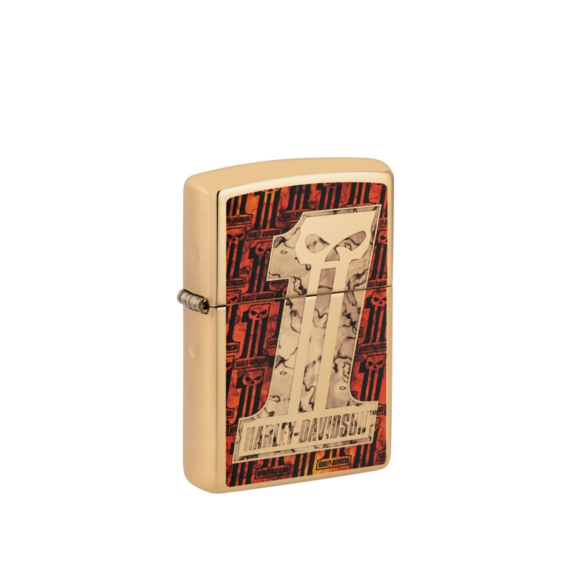 obudowa zapalniczki Zippo w połyskującym odcieniu mosiądzu z dynamicznym motywem Harley‑Davidson #1 Skull na froncie