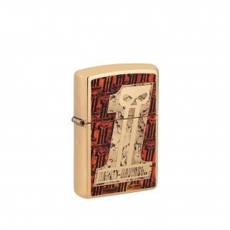 obudowa zapalniczki Zippo w połyskującym odcieniu mosiądzu z dynamicznym motywem Harley‑Davidson #1 Skull na froncie