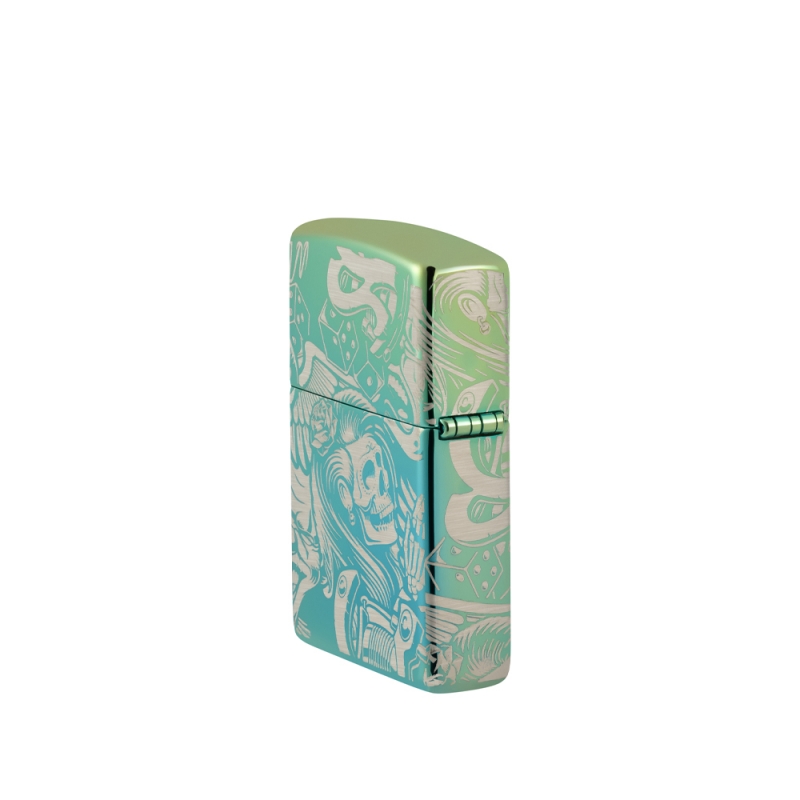 front zapalniczki z intensywnym graficznym wzorem tatuażu który mieni się w świetle na tle turkusowo‑niebieskiego metalu