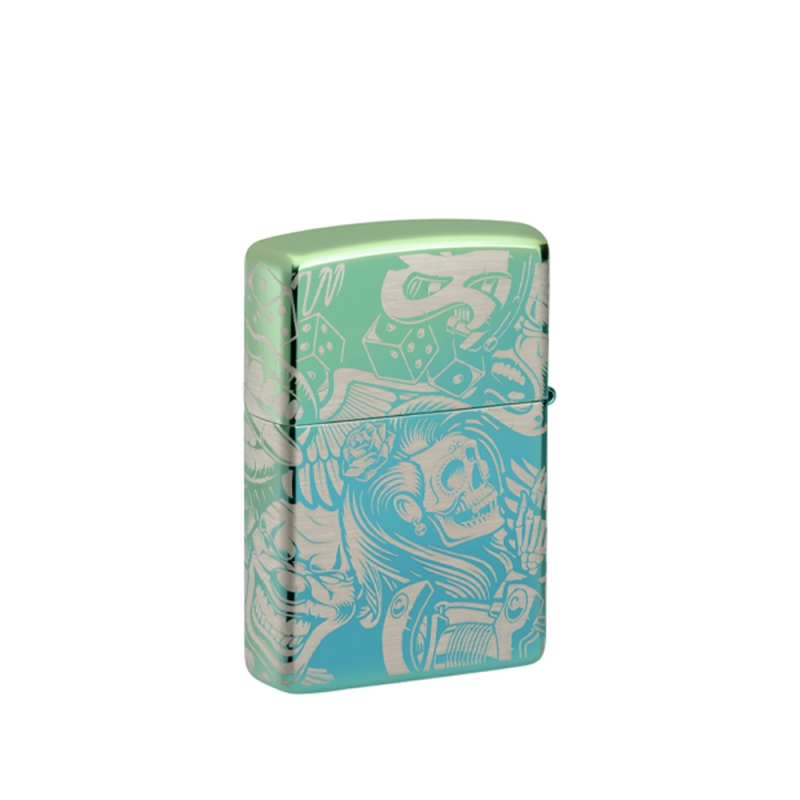 metalowa zapalniczka Zippo z misternym motywem czaszek i ornamentów inspirowanych tatuażami pokrywającym całą powierzchnię