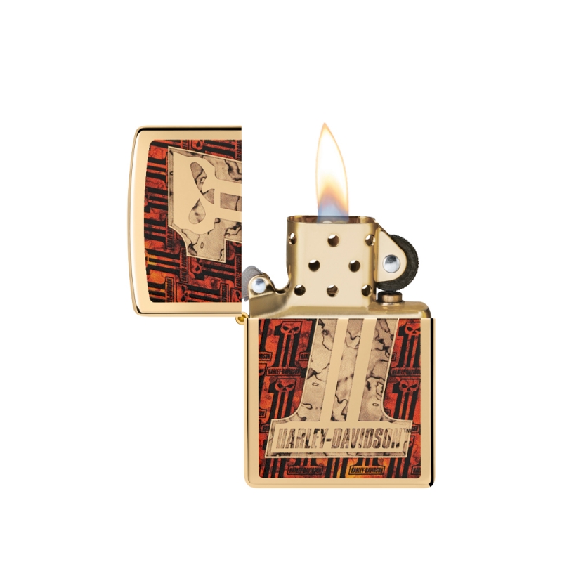 Zippo otwarta z metalicznym wnętrzem i fragmentami kolorowego motywu widocznymi przy zawiasie