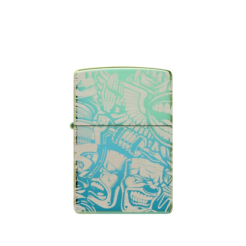 metalowa powierzchnia z rytmicznymi wzorami tatuażu które odbijają światło w różnych odcieniach niebiesko‑zieleni