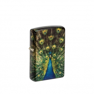 obudowa zapalniczki Zippo z eleganckim błyszczącym odcieniem High Polish Teal ozdobiona realistycznym motywem pawia