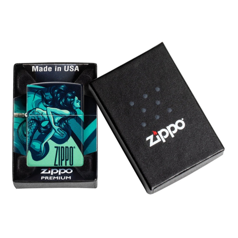 zapalniczka umieszczona w pudełku prezentowym Zippo z widocznym syrenim motywem na froncie obudowy