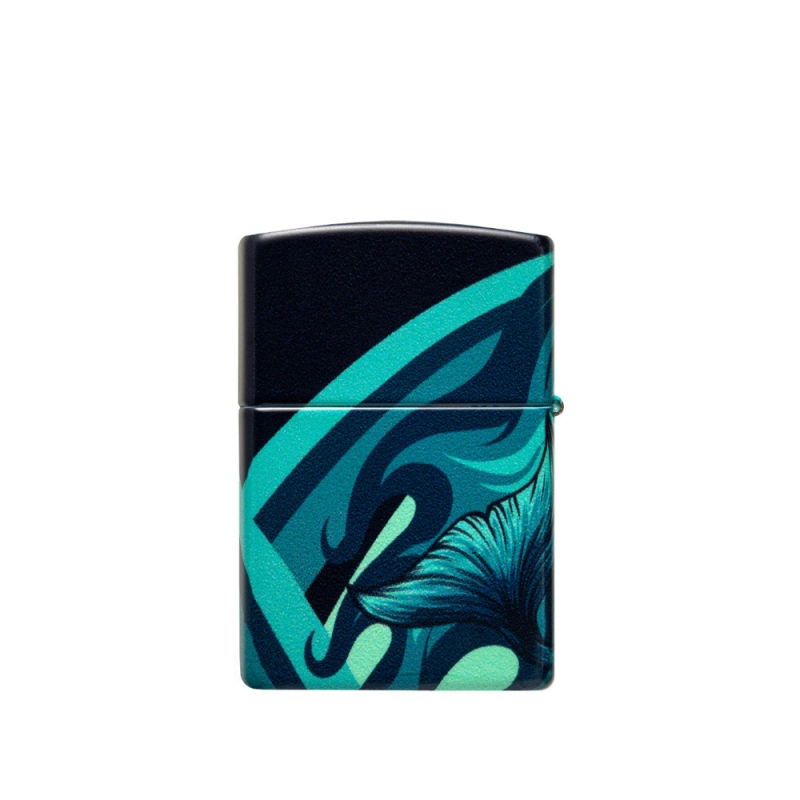 metalowa powierzchnia z żywymi akcentami kolorów które tworzą iluzję oceanu wokół syreny