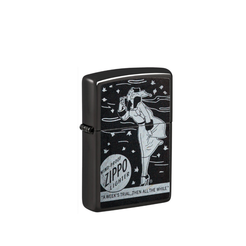 obudowa zapalniczki Zippo w czarnym kolorze z kontrastowym jasnym rysunkiem kobiecej postaci na tle gwiazd