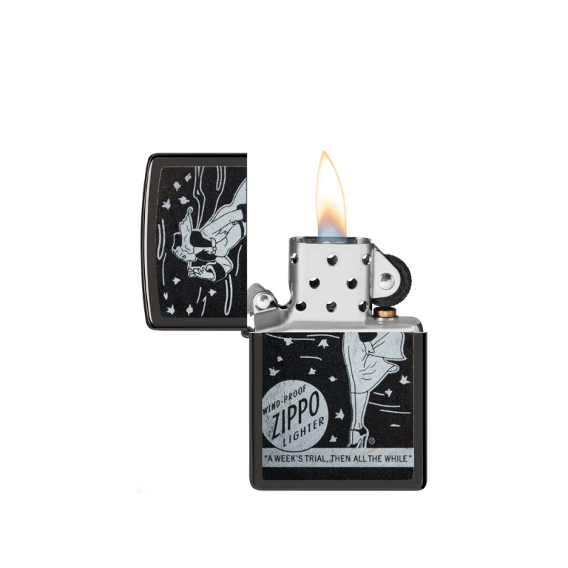 zapalniczka Zippo z klasyczną czarną obudową i retro ilustracją kobiety inspirowaną dawną reklamą