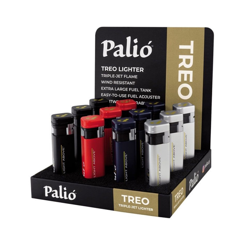 display zapalniczki Palio Treo z potrójnym płomieniem w różnych kolorach
