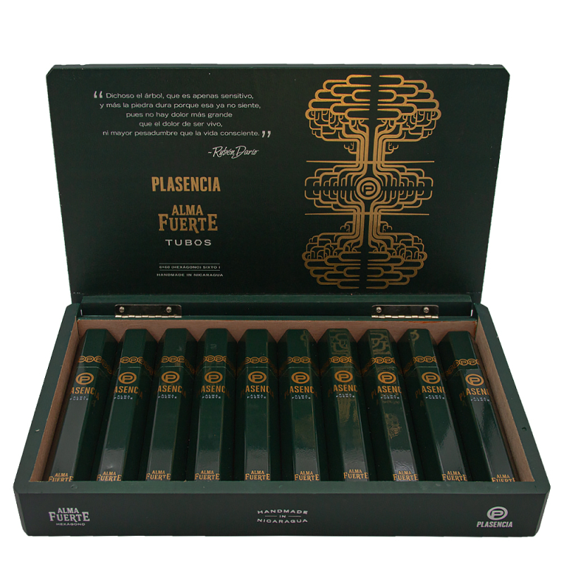 otwarte zielone drewniane pudełko pełne cygar Plasencia w tubie