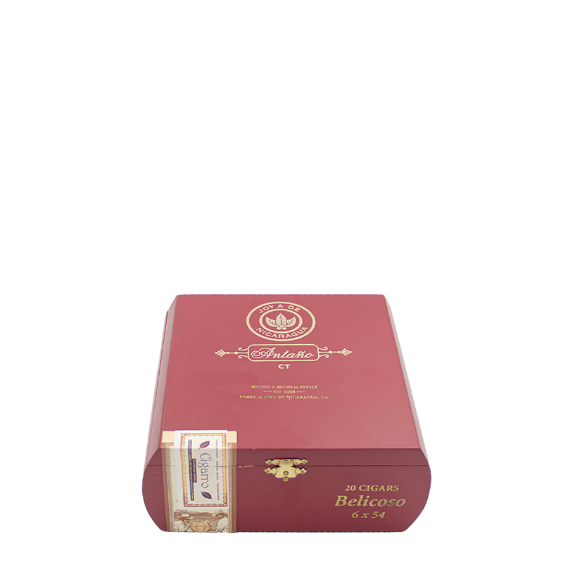 zamknięte czerwone matowe pudełko z drewna z logotypem Joya de Nicaragua