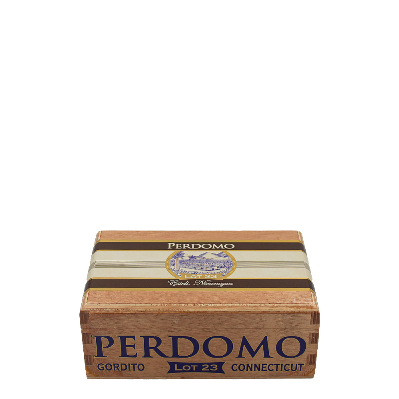 zamknięte drewniane pudełko z logotypem marki Perdomo w żółtym kolorze