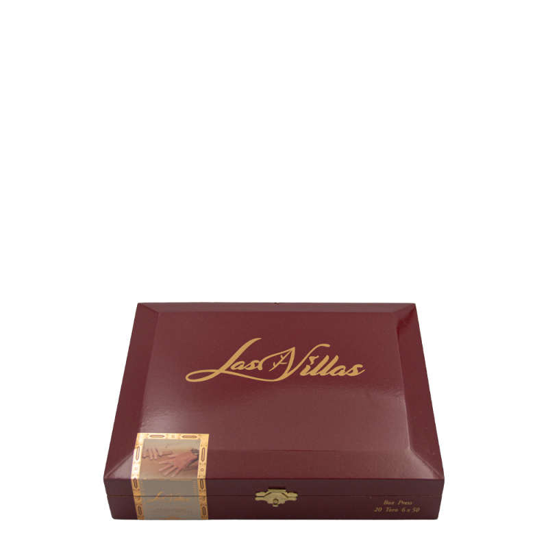czerwono ciemne pudełko wykonane z drewna ze złotym napisem Las Villas