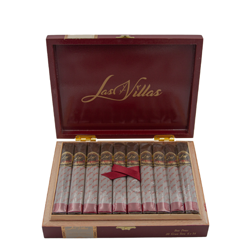 ciemno czerwone pudełko z logotypem Las Villas wypełnione cygarami
