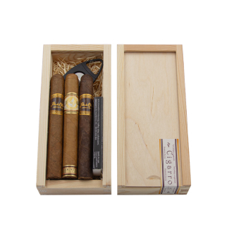 jasna skrzyneczka drewniana z różnymi cygarami marki Flor de Oliva Natural Maduro i Connecticut w rozmiarze toro z akcesoriami