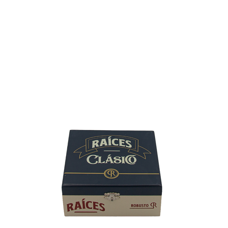 zamknięte biało niebieskie pudełko do cygar z logotypem Raices