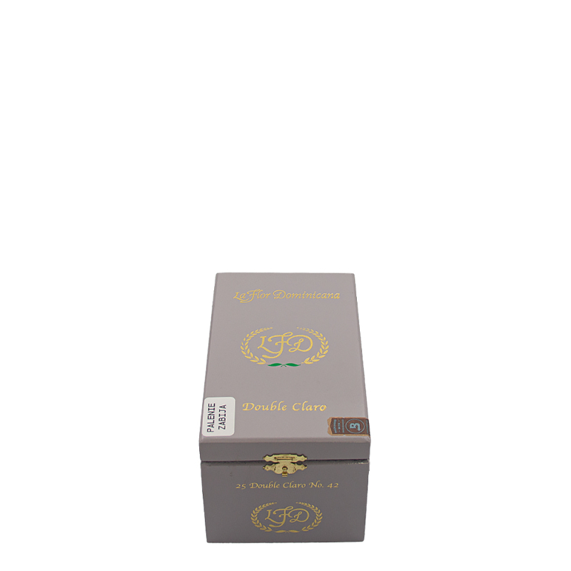 zamknięta skrzynka w szarym kolorze z logotypem marki La Flor Dominicana
