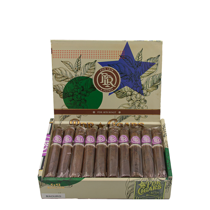 otwarta skrzynka wypełniona cygarami PDR 1878 Velvet Maduro Robusto o smaku jagodowym