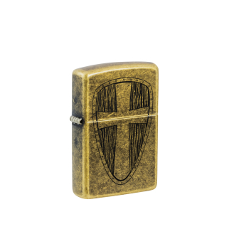 Złota postarzana zapalniczka Zippo Vintage Cross z ozdobnym motywem krzyża na froncie obudowy
