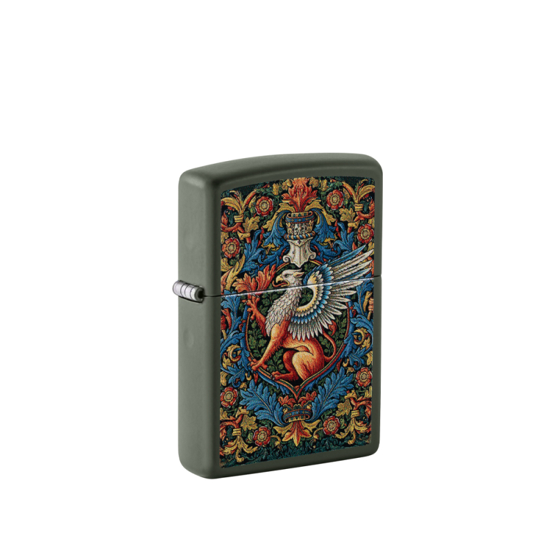 Czarna zapalniczka Zippo Mythical Creature z ozdobnym wizerunkiem mitycznego stworzenia na froncie obudowy