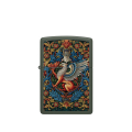 Klasyczna czarna Zippo z charakterystycznym fantastycznym motywem zdobiącym metalową powierzchnię