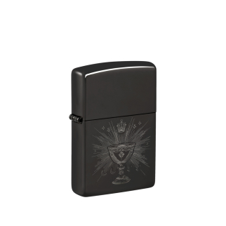 Czarna zapalniczka Zippo Ancient Goblet Design z szarym wizerunkiem ozdobnego kielicha na froncie obudowy
