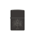 Czarne Zippo z kontrastowym szarym motywem antycznego kielicha zdobiącym metalową powierzchnię