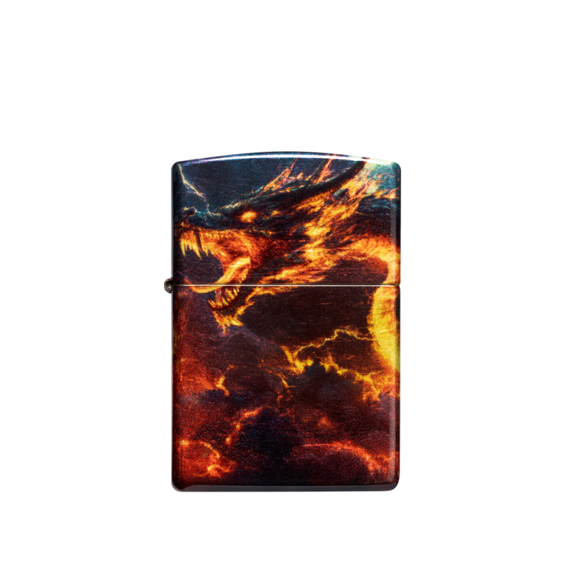Zapalniczka Zippo w czarnym kolorze z dynamiczną grafiką smoka wyłaniającego się z płomieni