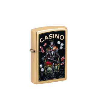 Złota zapalniczka Zippo Casino Games Design z czarnym tłem i kolorowymi motywami gier kasynowych