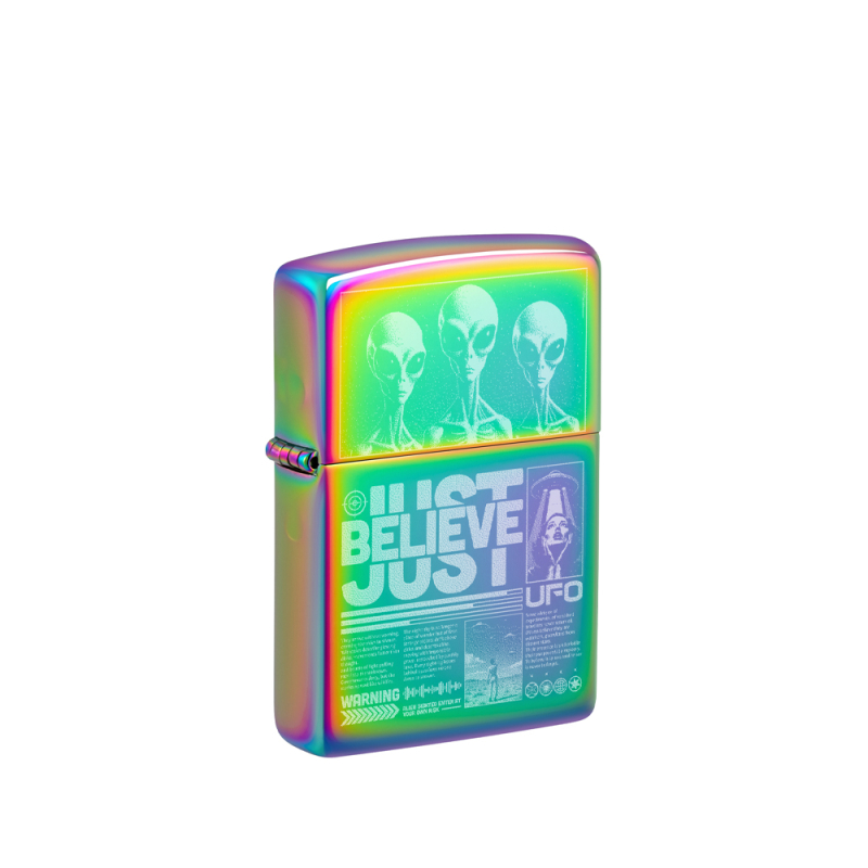 Metaliczna wielokolorowa zapalniczka Zippo Just Believe Design z barwną kompozycją pokrywającą powierzchnię obudowy