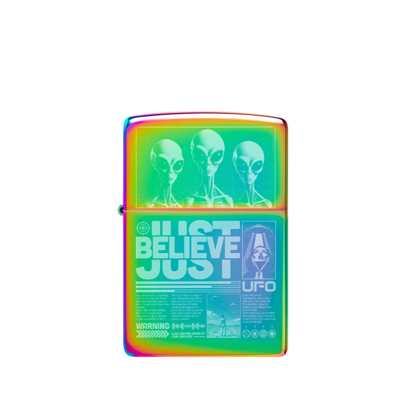 Połyskujące Zippo w wielu intensywnych kolorach z dekoracyjnym motywem Just Believe na metalowym korpusie
