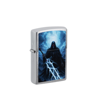 Srebrna zapalniczka Zippo Soul Reaper Design z rysunkowym wizerunkiem ponurej postaci na powierzchni obudowy