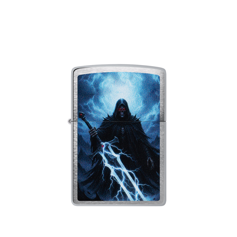 Metaliczna Zippo w srebrnym kolorze ozdobiona szczegółową ilustracją Soul Reaper na froncie