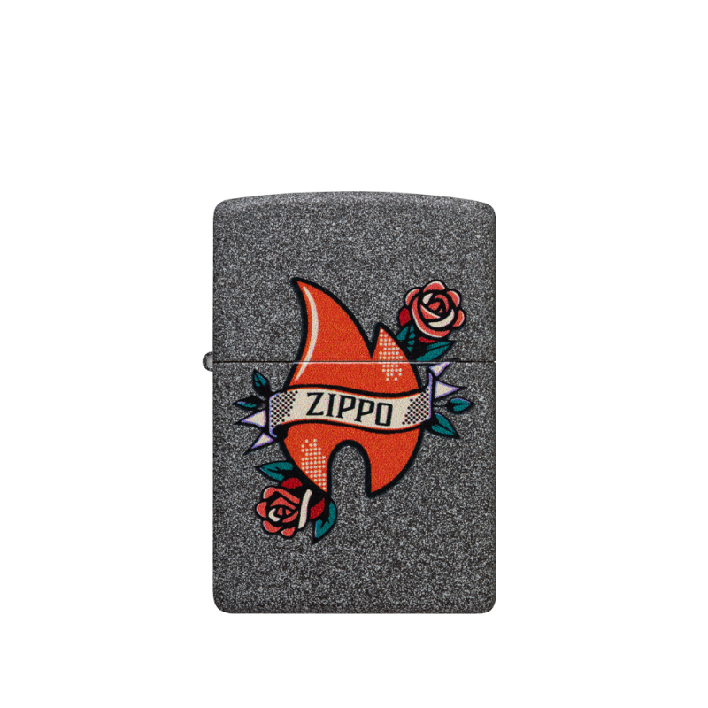 Popielata Zippo z klasycznym logo marki stylizowanym na tatuaż