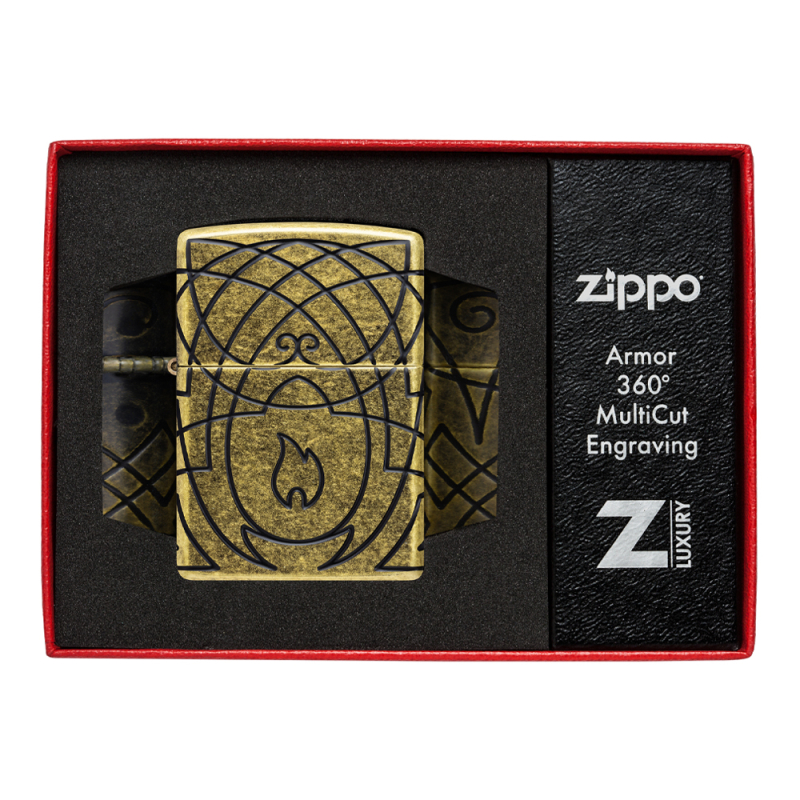Zippo z eleganckim motywem płomienia zaprezentowana w pudełku