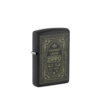 Czarna obudowa Zippo ozdobiona kontrastowymi żółtymi napisami