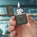 Czarna obudowa Zippo z kontrastowymi napisami widoczna w dłoni