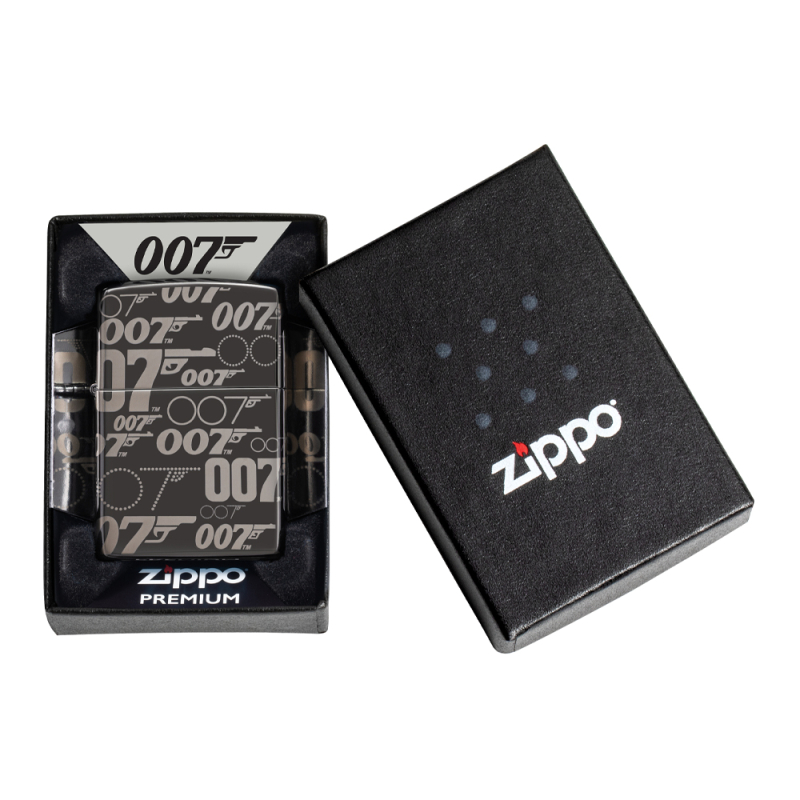 Czarna zapalniczka Zippo Bond BT 007 Gun Logo umieszczona w pudełku