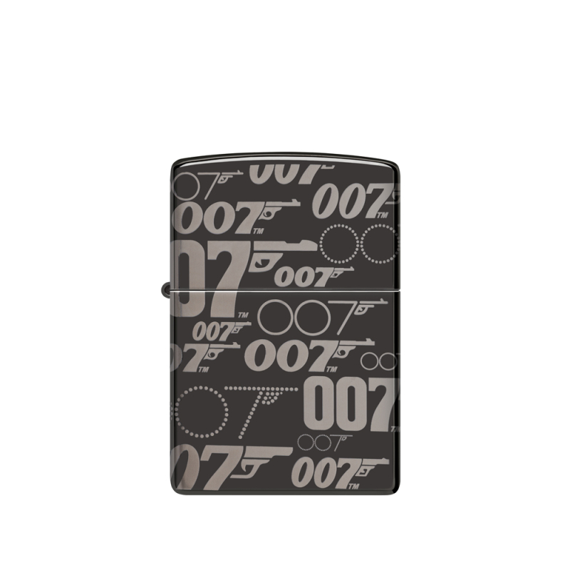 Czarna obudowa Zippo ozdobiona logo Bond BT 007 z motywem broni