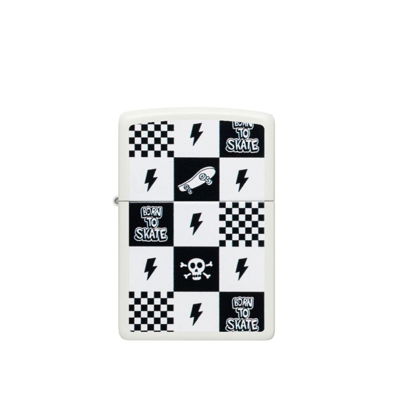 Zapalniczka Zippo z kontrastową szachownicą i detalami związanymi ze skateboardingiem