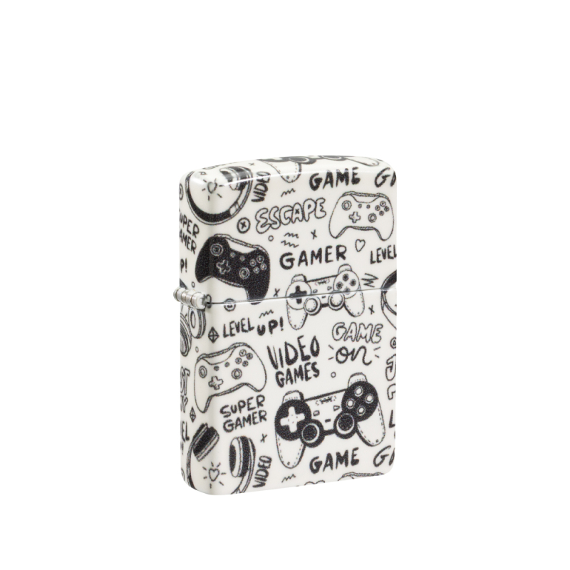 Biała zapalniczka Zippo Games Pattern Design ozdobiona charakterystycznym wzorem inspirowanym światem gier