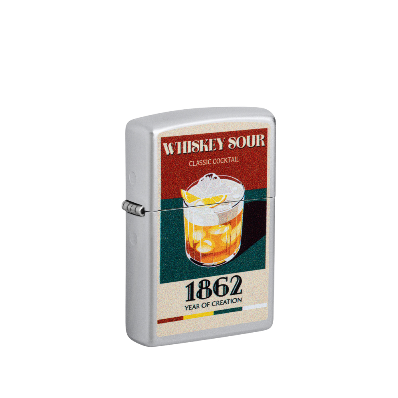 Klasyczna zapalniczka Zippo z dekoracją przedstawiającą charakterystyczny motyw Whisky Sour