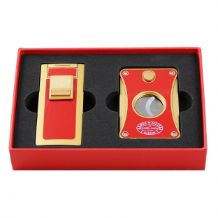 elegancki czerwony obcinacz do cygar i zapalniczka sygnowane logo marki romeo y julieta