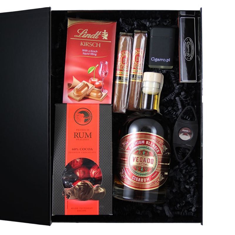 czekoladki rumowe, rum vedado, czekolada marki lindt oraz 2 cygara perdomo z akcesoriami do palenia