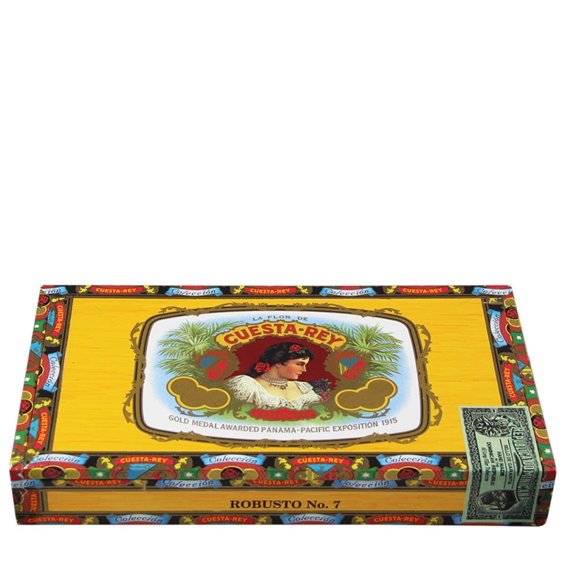 kolorowa skrzynka z cygarami z logo marki cuesta rey