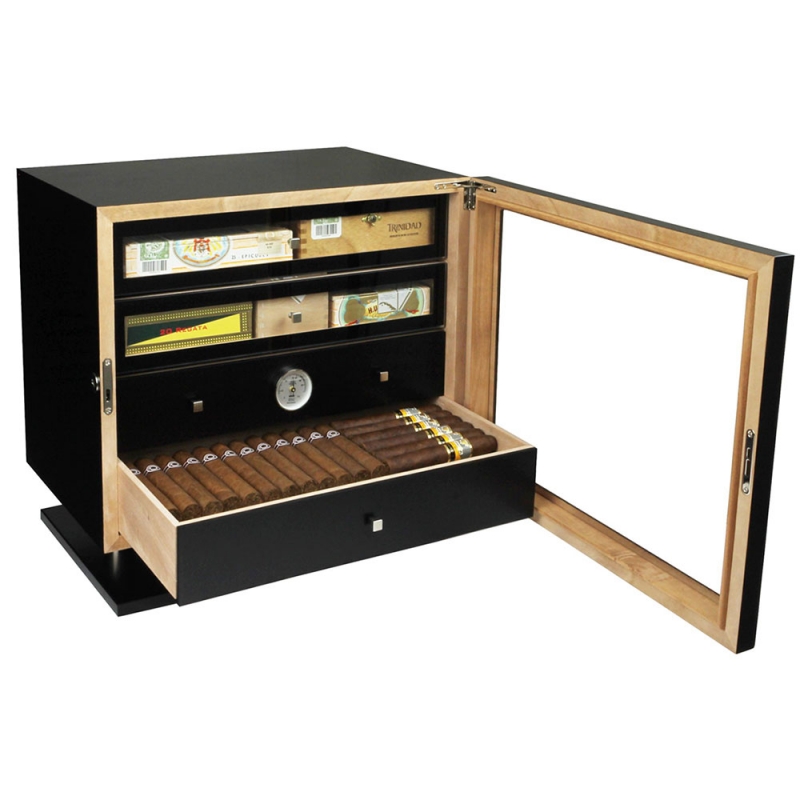 drewniany humidor na ponad 100 cygar, z 2 szufladkami i higrometrem oraz nawilżaczem