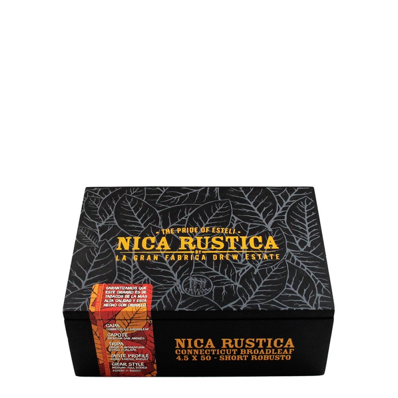 czarna drewniana skrzynka z logo marki cygarowej drew estate nica rustica