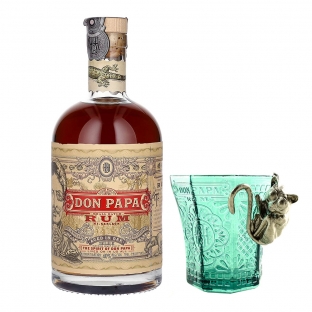 butelka rumu don papa wraz ze stylową szklanką